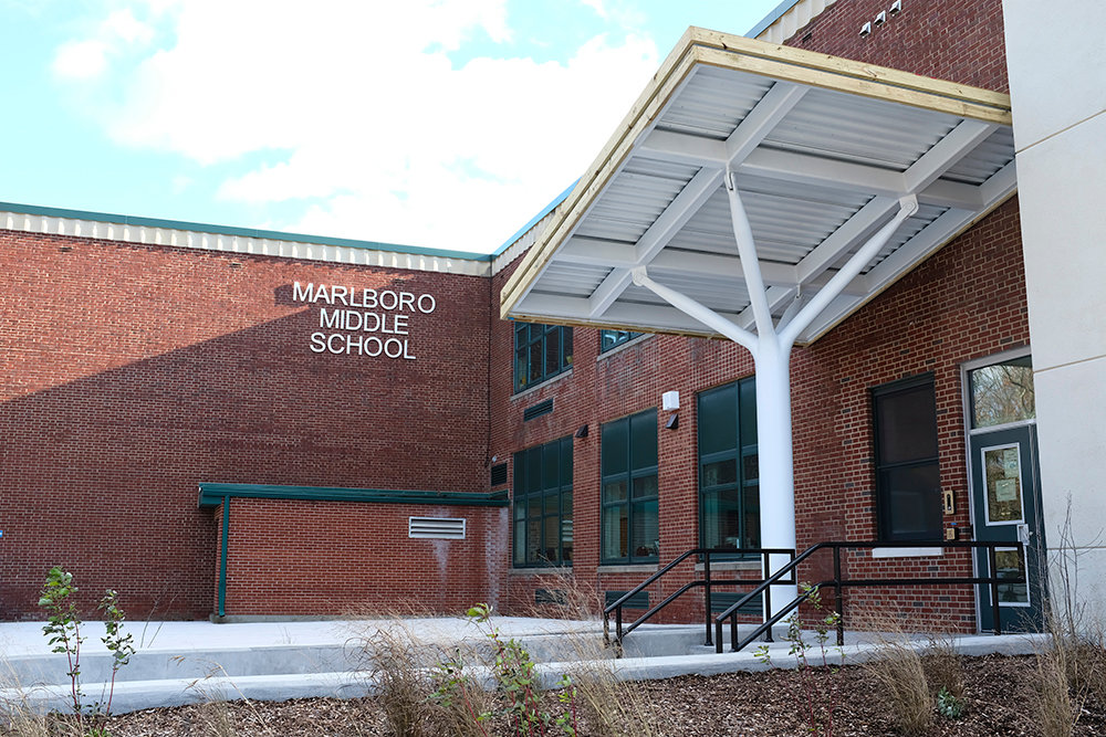 The new main entrance and canopy at the Middle School along with its new signage.